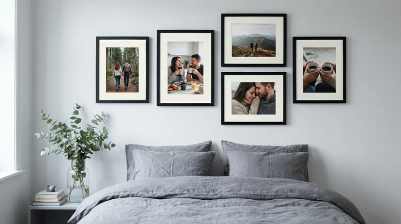 Gallery of 5 MDF frames without glass in a couple''s bedroom, photos from travels and intimate moments, without children''s photos