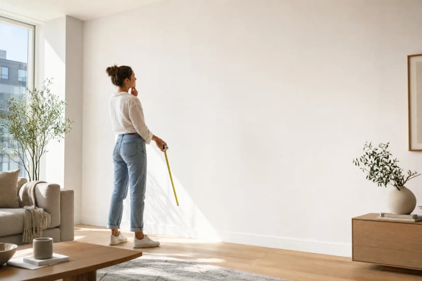 An empty living room wall with a sketched-out photo gallery layout — the step-by-step planning stage of decorating