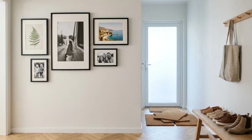 Gallery of 5 MDF frames without glass in a narrow UK entryway, linear layout at eye level