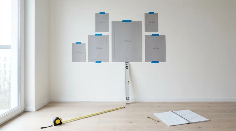 Paper frame templates of different sizes taped with blue painter''s tape to a white wall, next to a spirit level and measuring tape