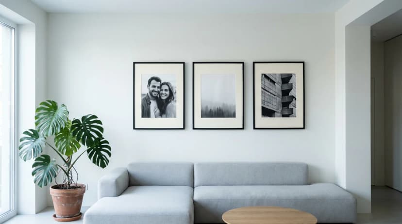 Contemporary gallery of 5 MDF frames without glass in a minimalist British living room 2026 — monochromatic trend with natural greenery