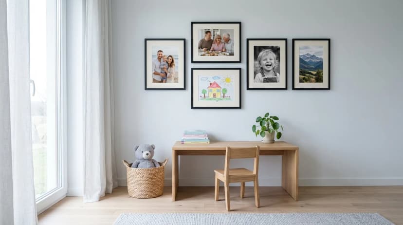 Gallery of 5 MDF frames without glass in a bright child's room, layout at parent's eye level, safe construction without glass