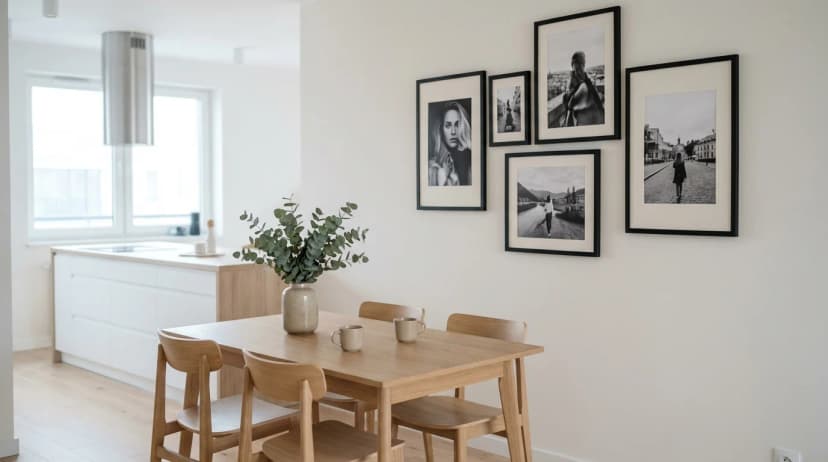 Gallery of 4 MDF frames without glass in kitchen, hung in safe zone above dining table, away from hob