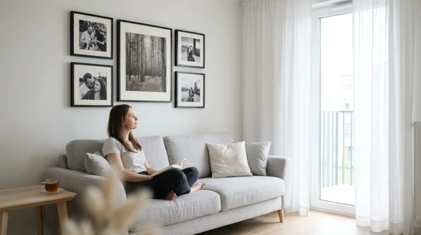 Woman sitting on a light grey sofa, peacefully gazing at a gallery of 7 black and white family photographs in MDF frames without glass