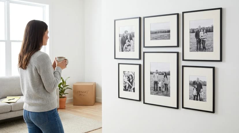 Young woman with coffee looking at a finished photo gallery wall in a rental property, cardboard moving box nearby