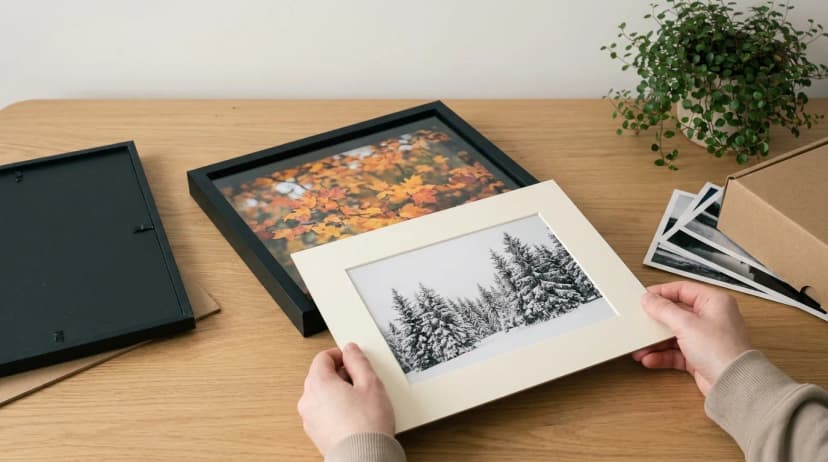 Framky MDF frame opened at the back during photo swap — person inserting new winter photo in place of autumn photo
