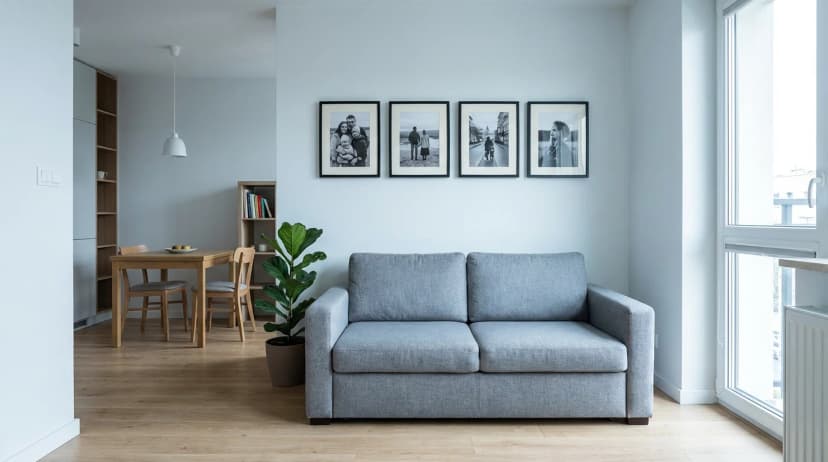 Gallery of 4 MDF frames without glass in a small studio flat lounge, proportioned appropriately to a small wall, frames 30 x 40 cm