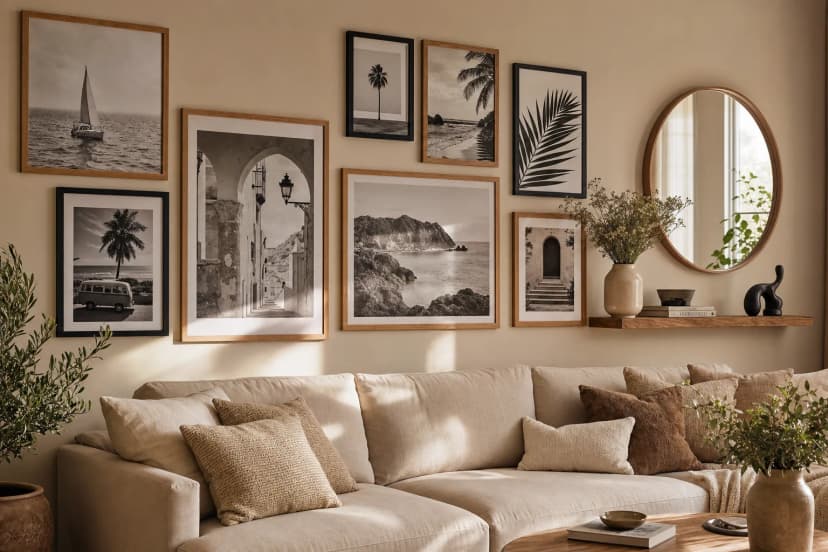 A coherent photo [gallery wall](/en-gb/photo-gallery-walls) in glass-free MDF frames in a living room — an example of timeless wall decor with restraint