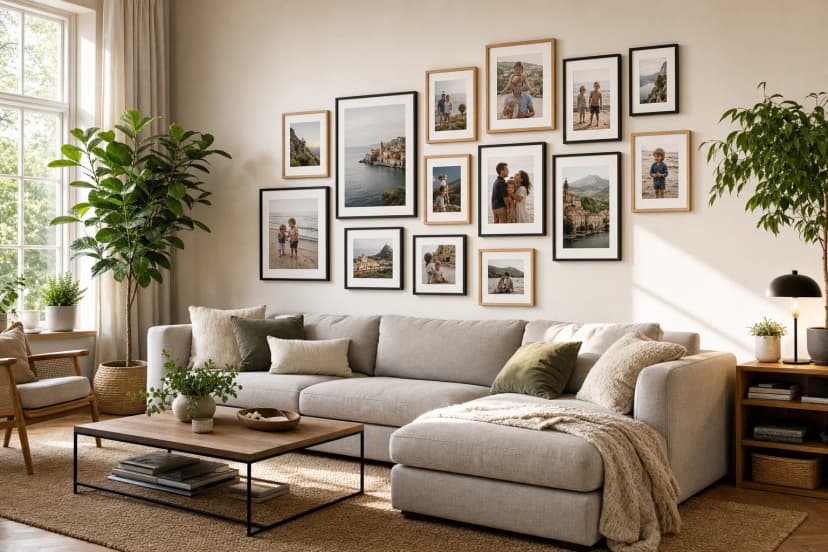 A modern living room with a photo [gallery wall](/en-gb/photo-gallery-walls) in glass-free MDF frames above the sofa — an example of decorating an empty wall