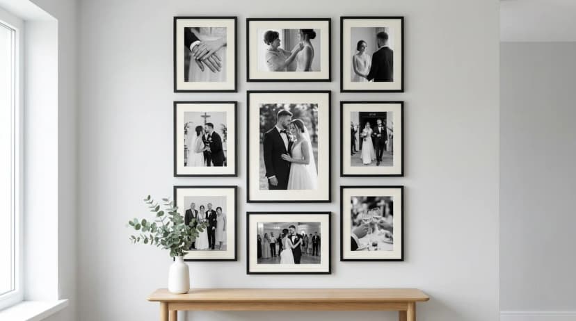 Gallery of 9 MDF frames without glass with wedding photos arranged in narrative order from preparations through first dance
