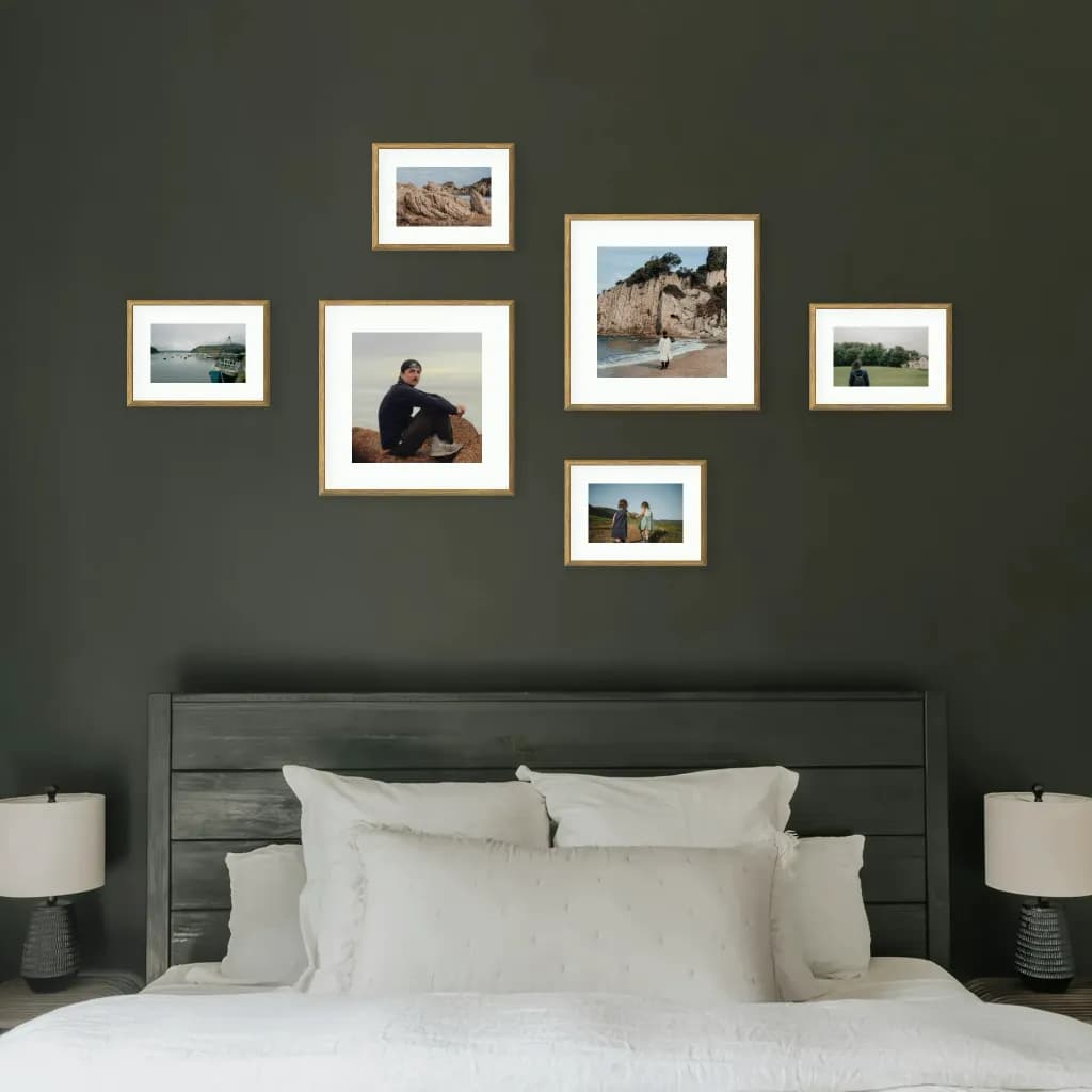 Picture frame set for bedroom – personalised photo wall above bed